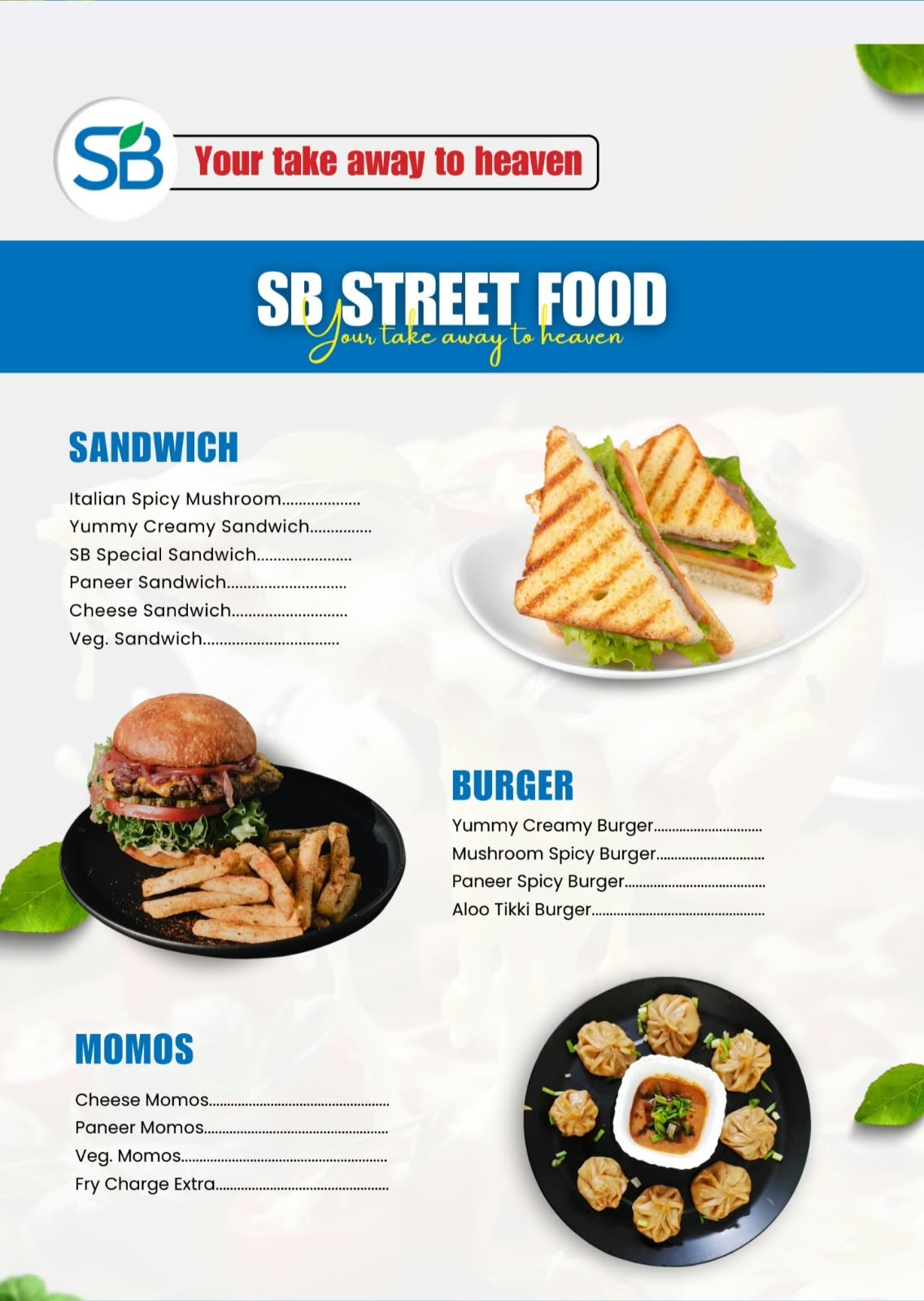 SB Street Food menu featuring sandwiches, burgers, and momos